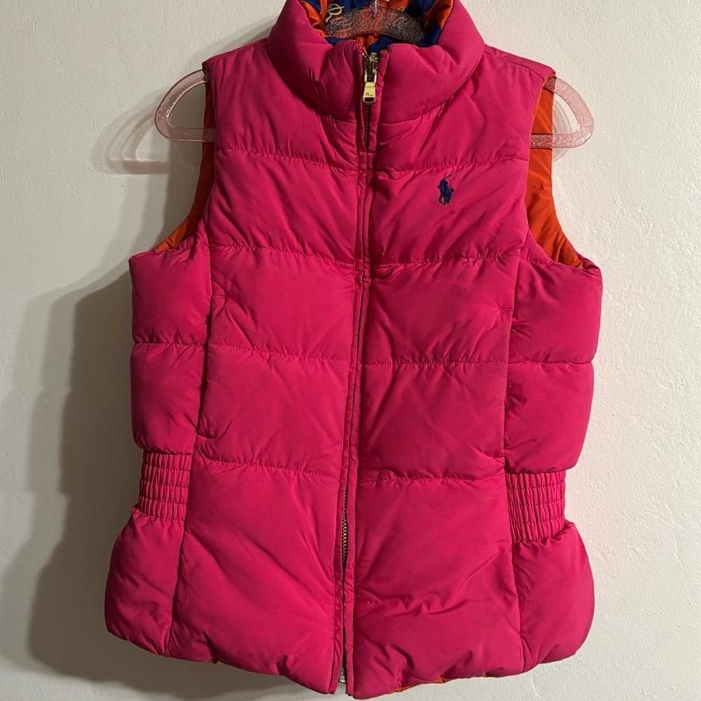 SOLD.   Ralph Lauren Reversible vest, Size S (7) pink and orange